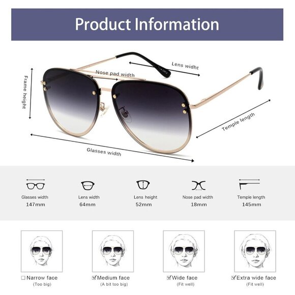 Oversized Aviator Sunglasses Women UV400 Gradient Smoke 65mm